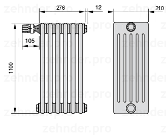Схема (чертеж) Радиатор Zehnder Charleston 6110/6 №V012 Белый глянцевый RAL 9016